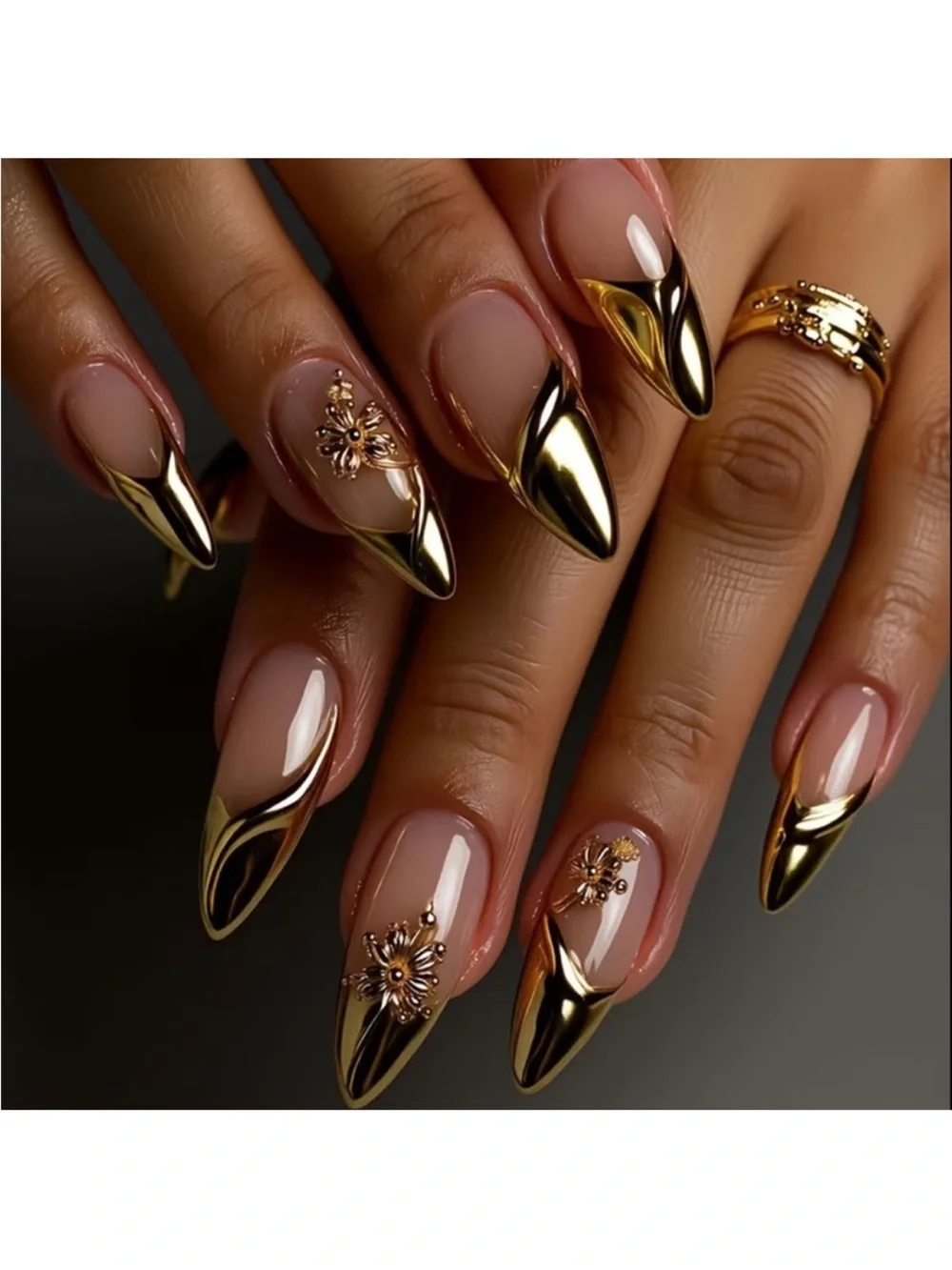 Gold Metallic Stiletto Press-On Nails with Floral Accents -new in box - Picture 6 of 6